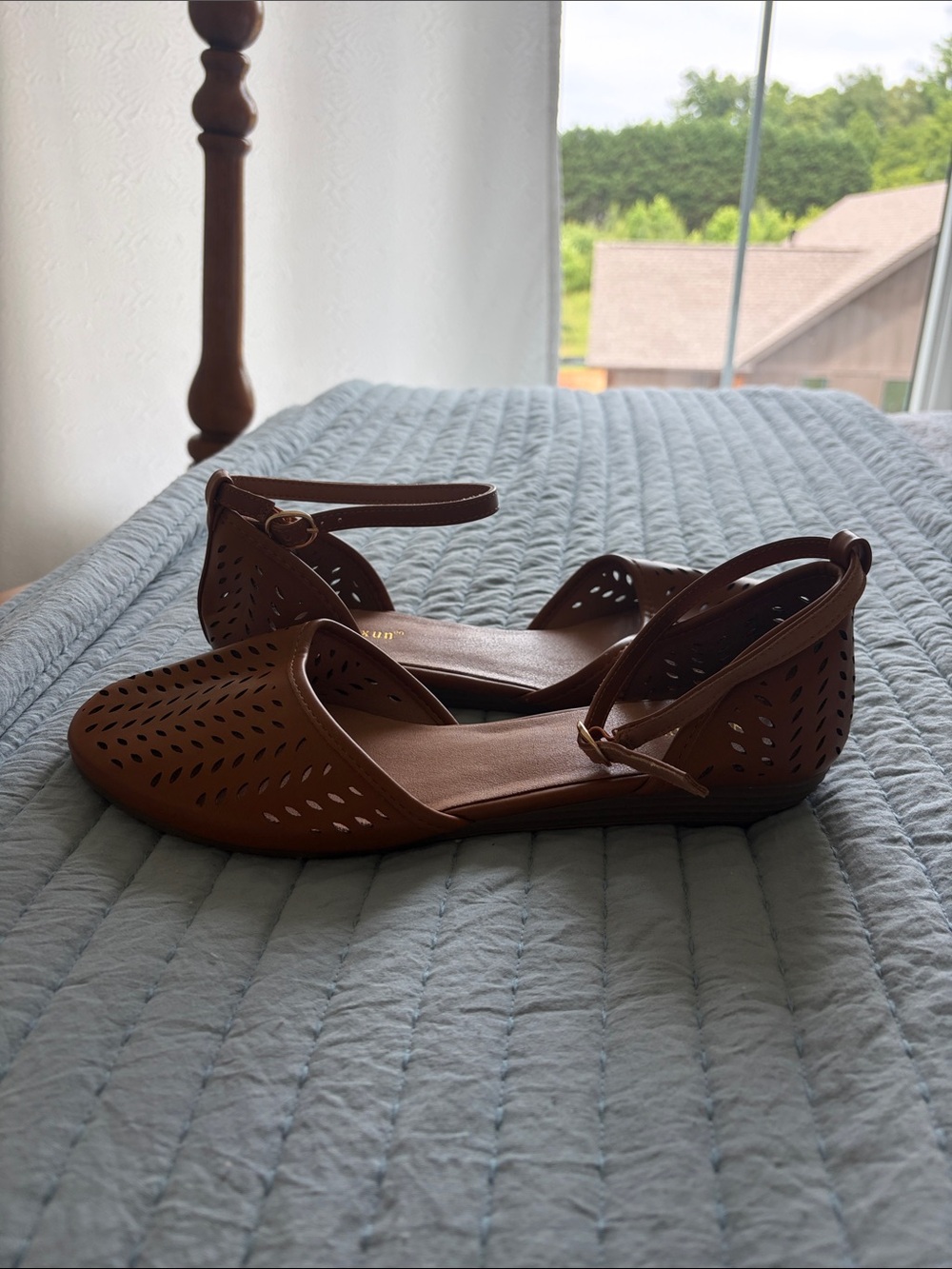 MaxMara Cognac Laser-Cut Ankle-Strap Flats